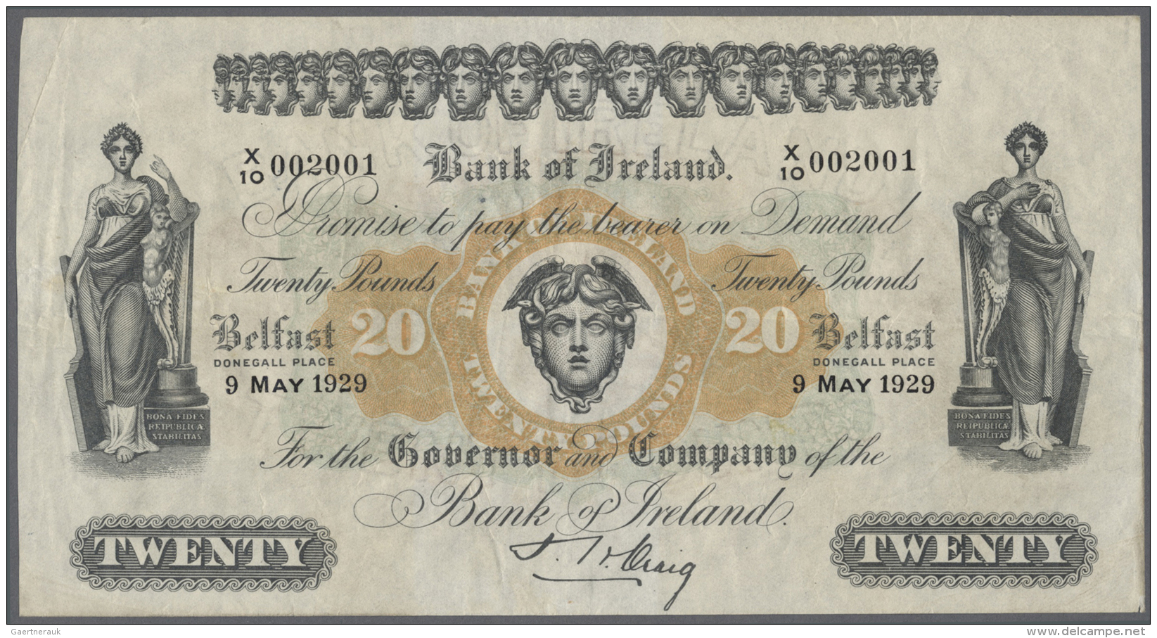 Northern Ireland / Nordirland: 20 Pounds 1929 P. 54, Bank Of Ireland, Highly Rare Note, Crisp Paper, Not Pressed, One Li - Other & Unclassified