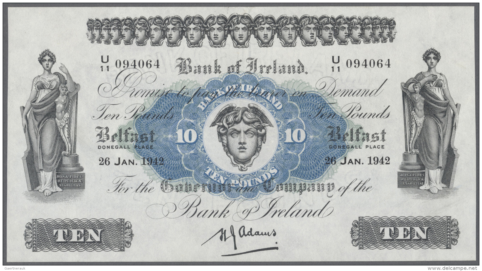 Northern Ireland / Nordirland: 10 Pounds 1942 P. 53b, Bank Of Ireland, Only Light Folds In Paper But Pressed, Still Cris - Other & Unclassified