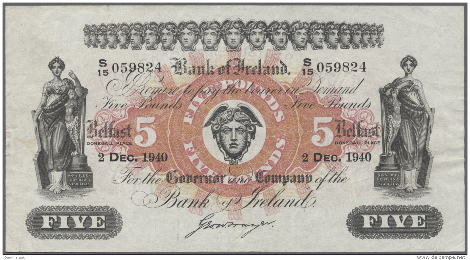 Northern Ireland / Nordirland: 5 Pounds 1940 P. 52b, Bank Of Ireland, Light Center Fold And Creases In Paper, Strongness - Autres & Non Classés