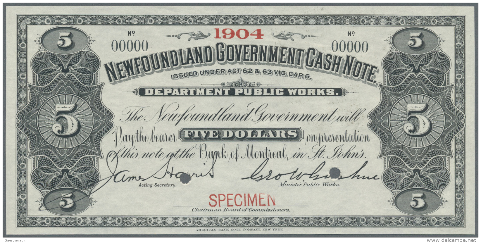 Newfoundland / Neufundland: 5 Dollars ND Specimen P. A8s With Small Red "Specimen" Overprint At Lower Border, Larger Top - Canada