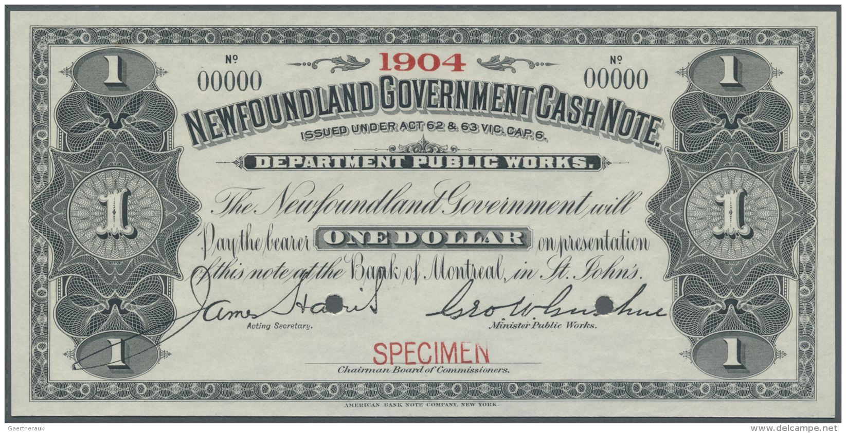 Newfoundland / Neufundland: 1 Dollar ND Specimen P. A7s With Small Red "Specimen" Overprint At Lower Border, Larger Top - Canada