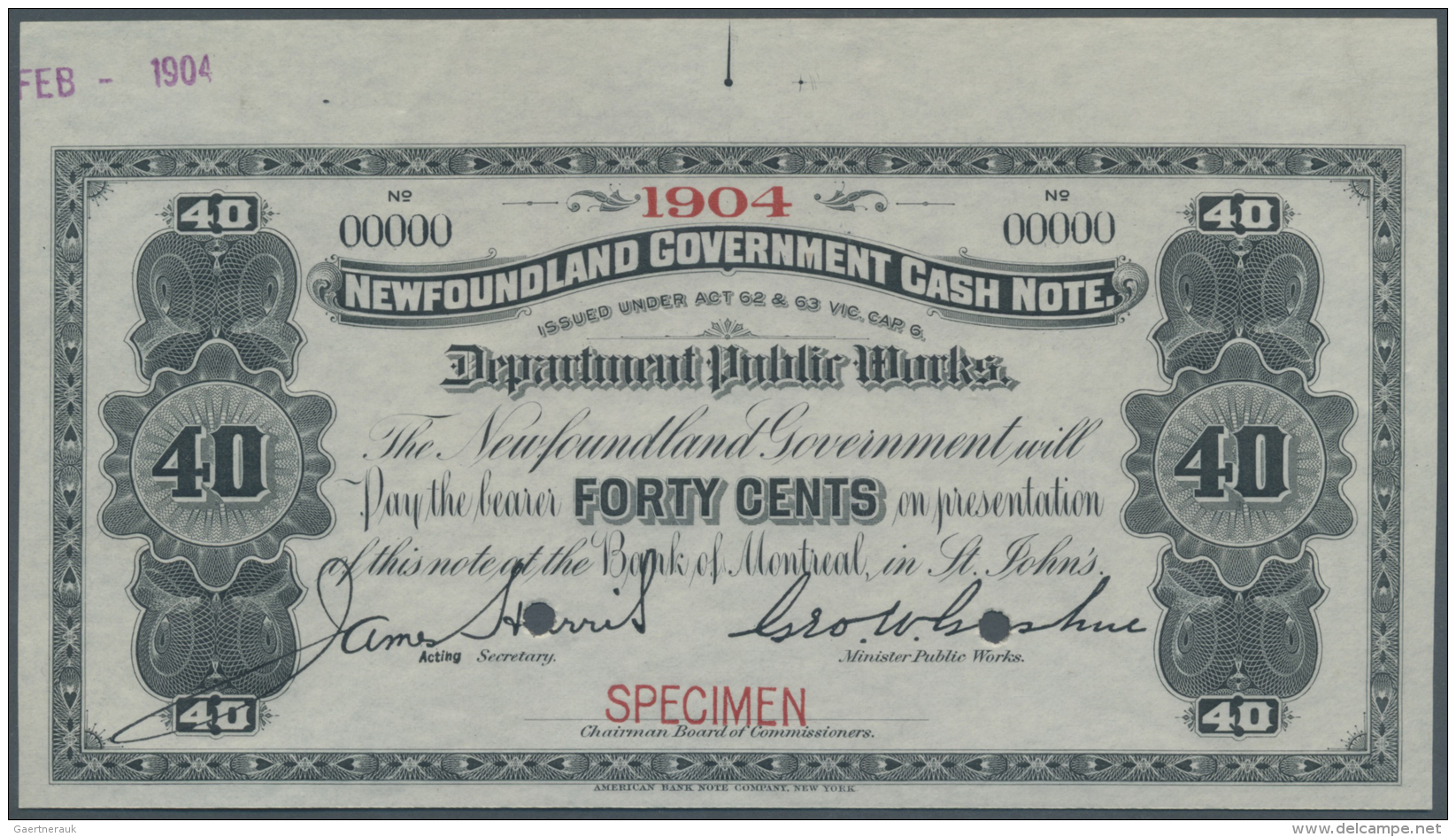 Newfoundland / Neufundland: 40 Cents ND Specimen P. A4s With Small Red "Specimen" Overprint At Lower Border, Larger Top - Canada