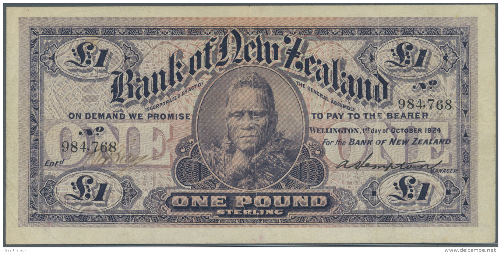 New Zealand / Neuseeland: 1 Pound October 1st 1924, P.S233, Very Nice Looking Note With Several Vertical Folds And A Few - Nouvelle-Zélande