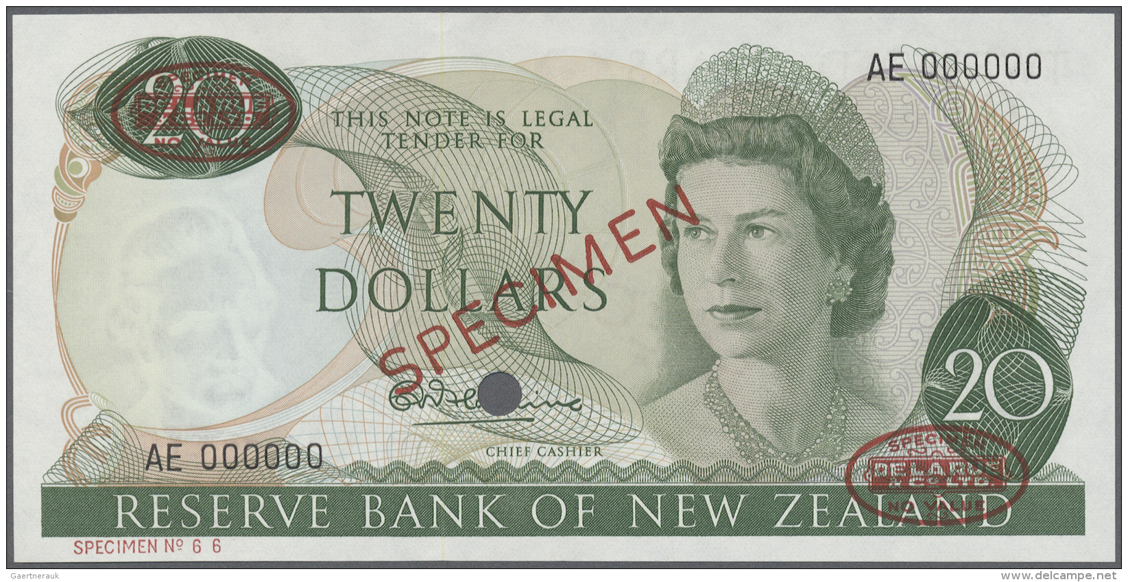 New Zealand / Neuseeland: 20 Dollars ND (1967-68) Specimen P. 167as With Red "Specimen" Overprint At Center, Cancellatio - Nouvelle-Zélande