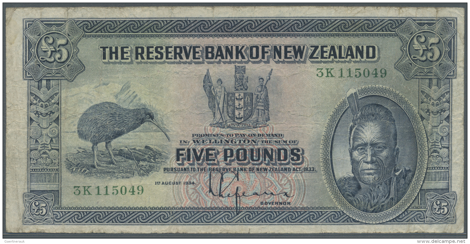 New Zealand / Neuseeland: 5 Pounds ND P. 156, Used With Several Folds And Creases, Light Stain In Paper, Minor Border Te - Nouvelle-Zélande