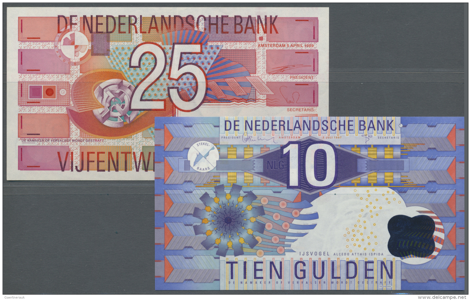 Netherlands / Niederlande: Set Of 2 Notes Containing 10 Gulden 1997 P. 99 (UNC) And 25 Gulden 1989 P. 100 (XF), Nice Set - Autres & Non Classés