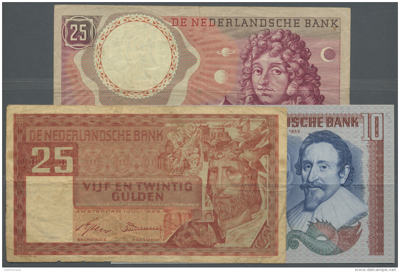 Netherlands / Niederlande: Set Of 3 Notes Containing 25 Gulden 1949 P. 84 (F-), 10 Gulden 1953 P. 85 (XF-) And 25 Gulden - Autres & Non Classés