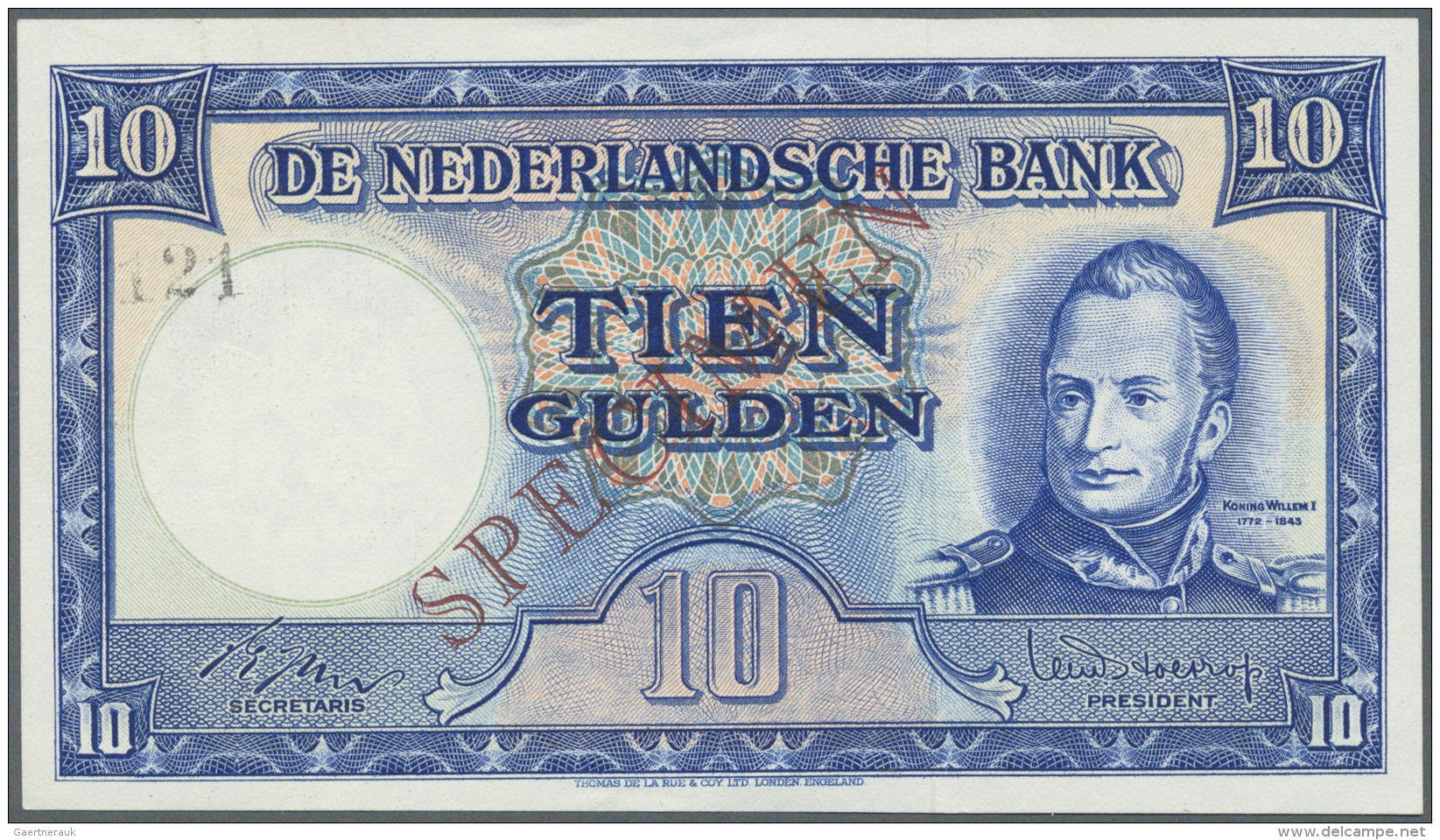 Netherlands / Niederlande: 10 Gulden 1949 SPECIMEN, P.83s With Specimen Number 121 At Upper Left, Very Soft Diagonal Ben - Altri & Non Classificati