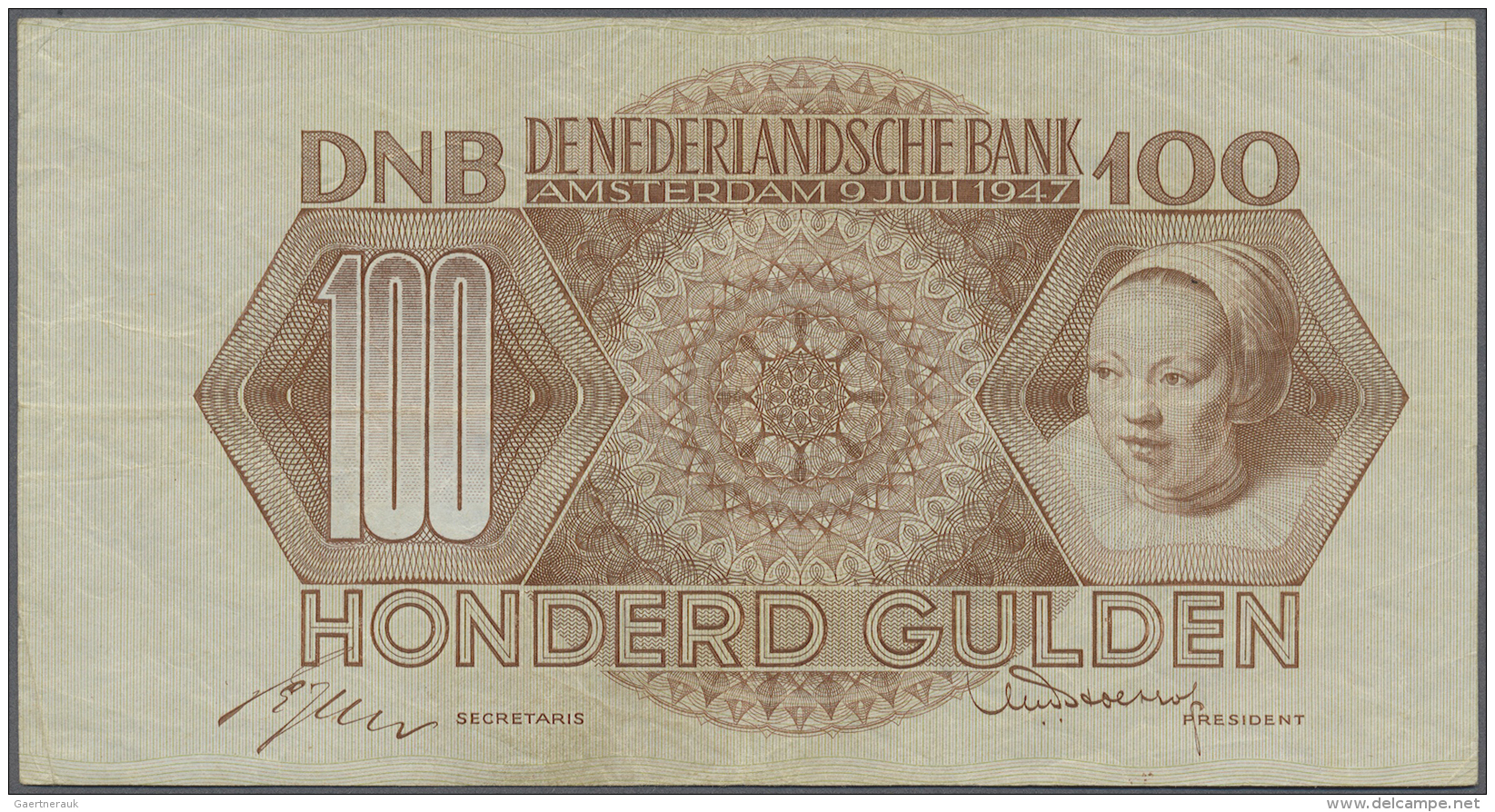 Netherlands / Niederlande: 100 Gulden 1947 P. 82, With Center And Horizontal Fold, Handling In Paper, No Holes Or Tears, - Other & Unclassified