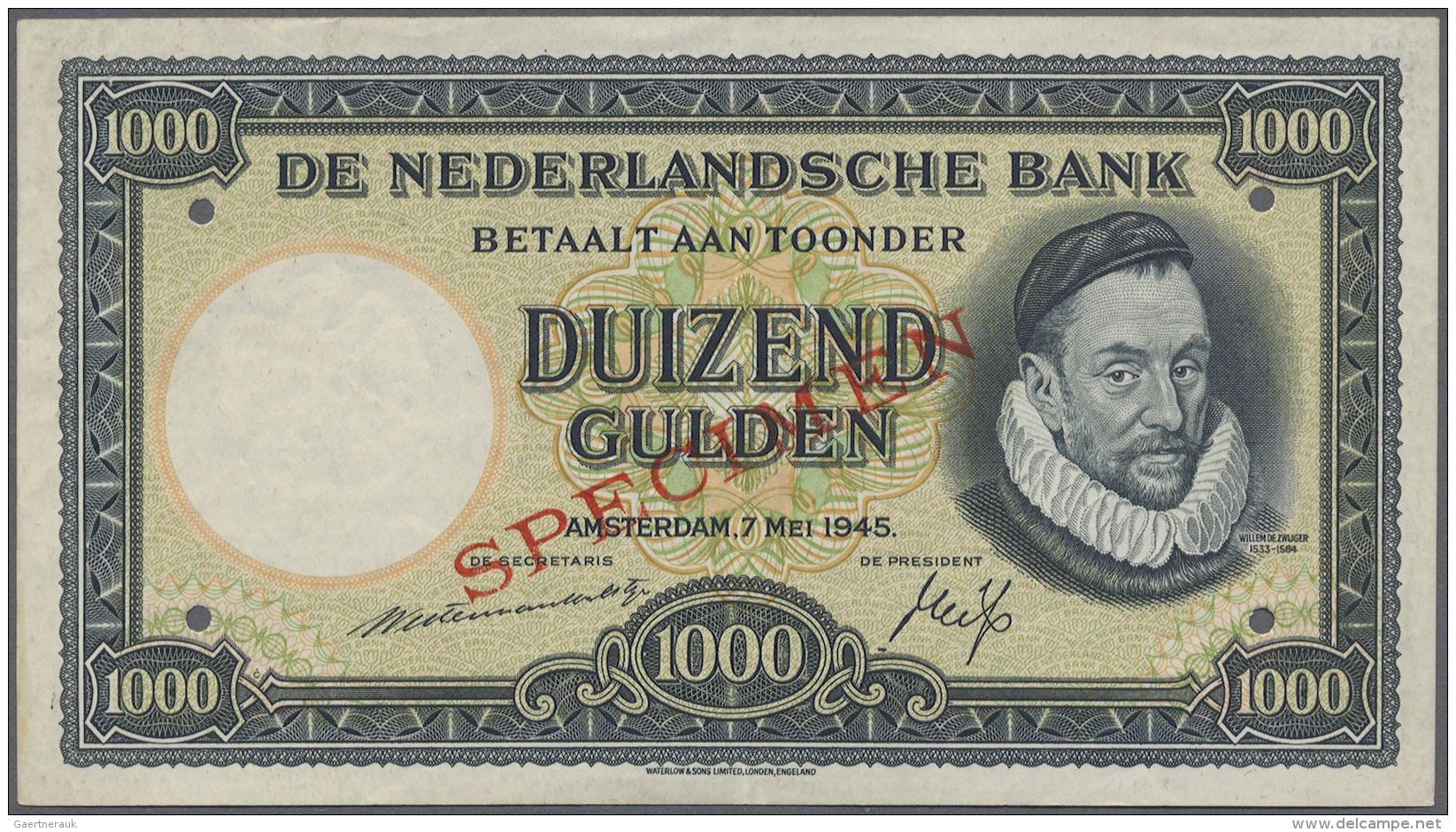 Netherlands / Niederlande: 1000 Gulden 1945 Specimen P. 80s, Rare Note In Great Condition With Only Light Dints At Upper - Autres & Non Classés