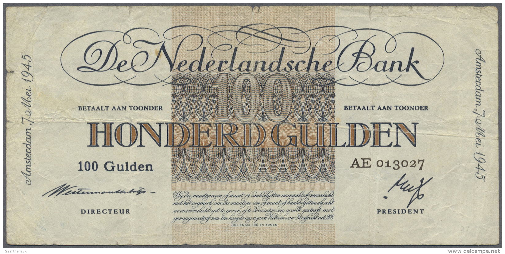 Netherlands / Niederlande: 100 Gulden 1945 P. 79, 3 Vertical And One Horizontal Fold, Some Creases In Paper, Tiny Border - Autres & Non Classés