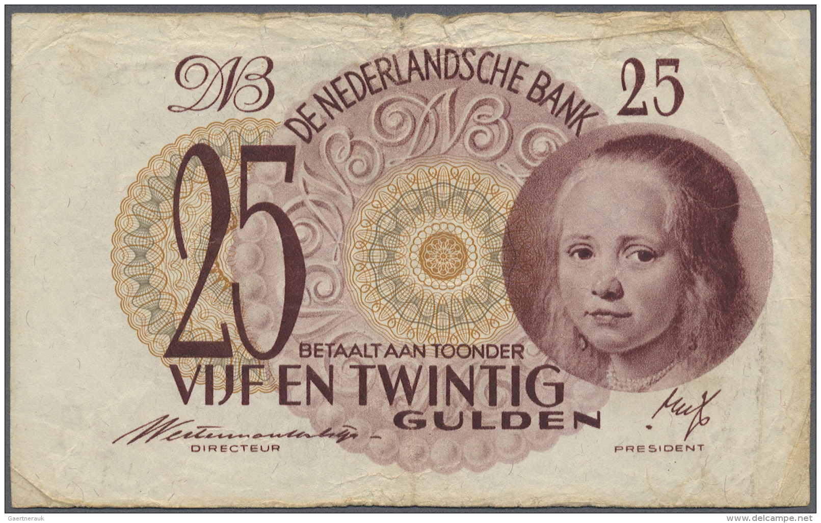 Netherlands / Niederlande: 25 Gulden 1945 P. 77, Several Creases In Paper, Corner Folds, Upper Border In Center A Bit Wo - Autres & Non Classés