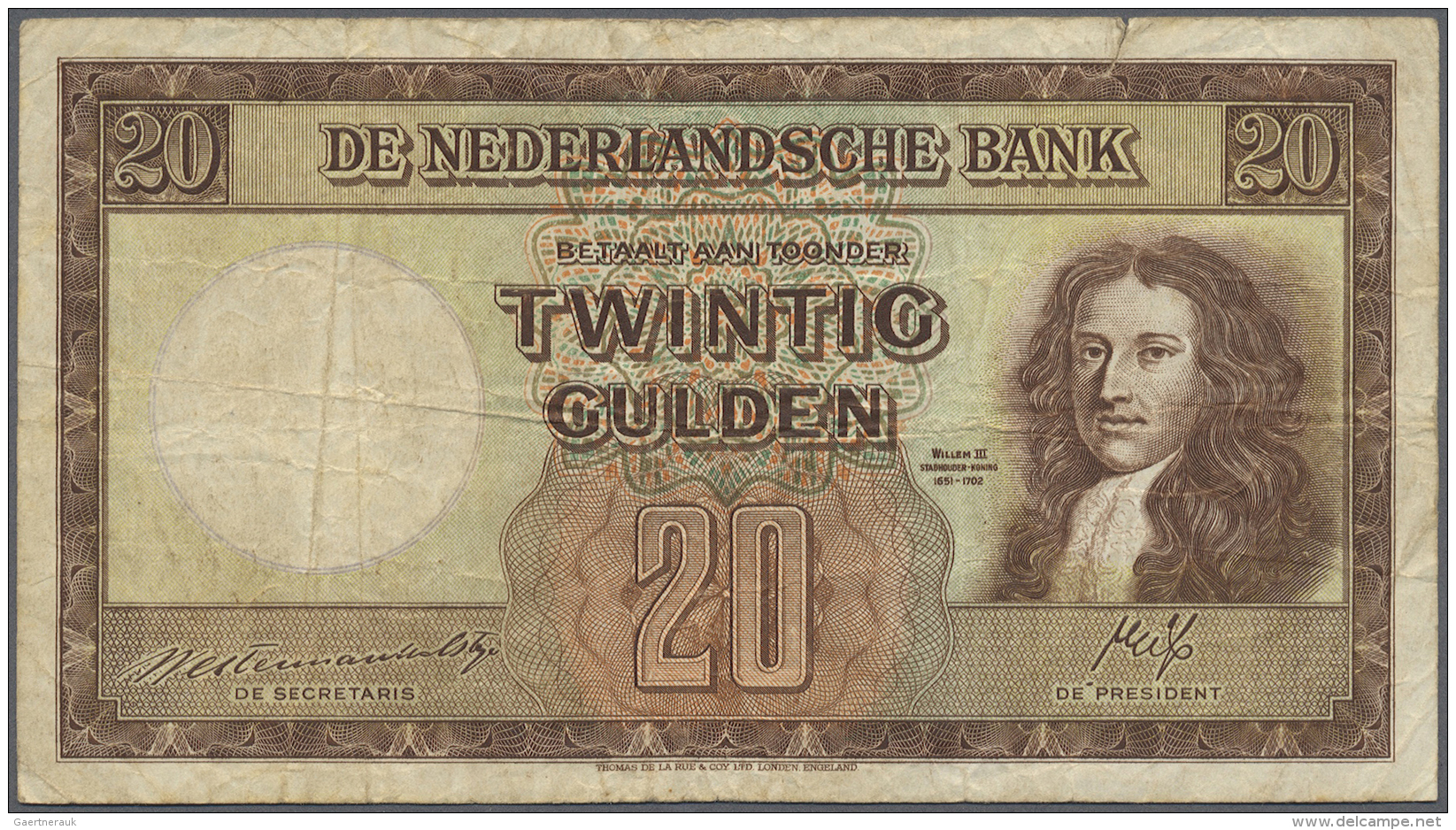 Netherlands / Niederlande: 20 Gulden 1945 P. 76, Several Folds And Creases, Paper A Bit Stained, 4mm Tear At Upper Right - Autres & Non Classés