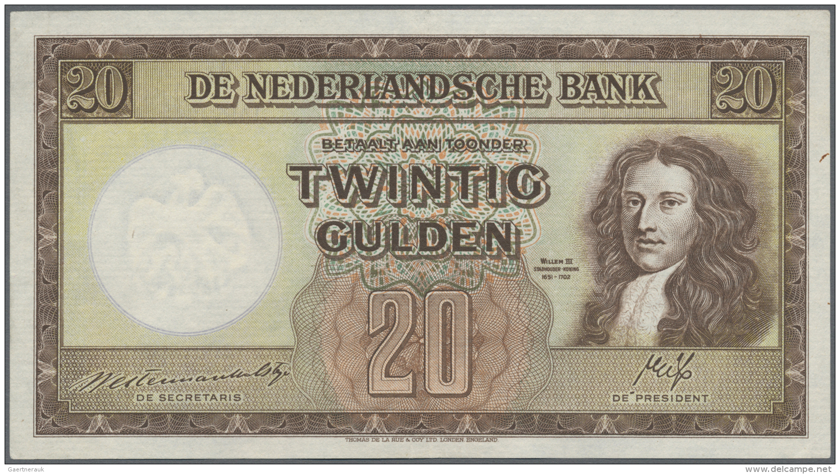 Netherlands / Niederlande: Netherlands: 20 Gulden 1945, P.76, Very Nice And Attractive Note With A Very Soft Vertical Fo - Altri & Non Classificati