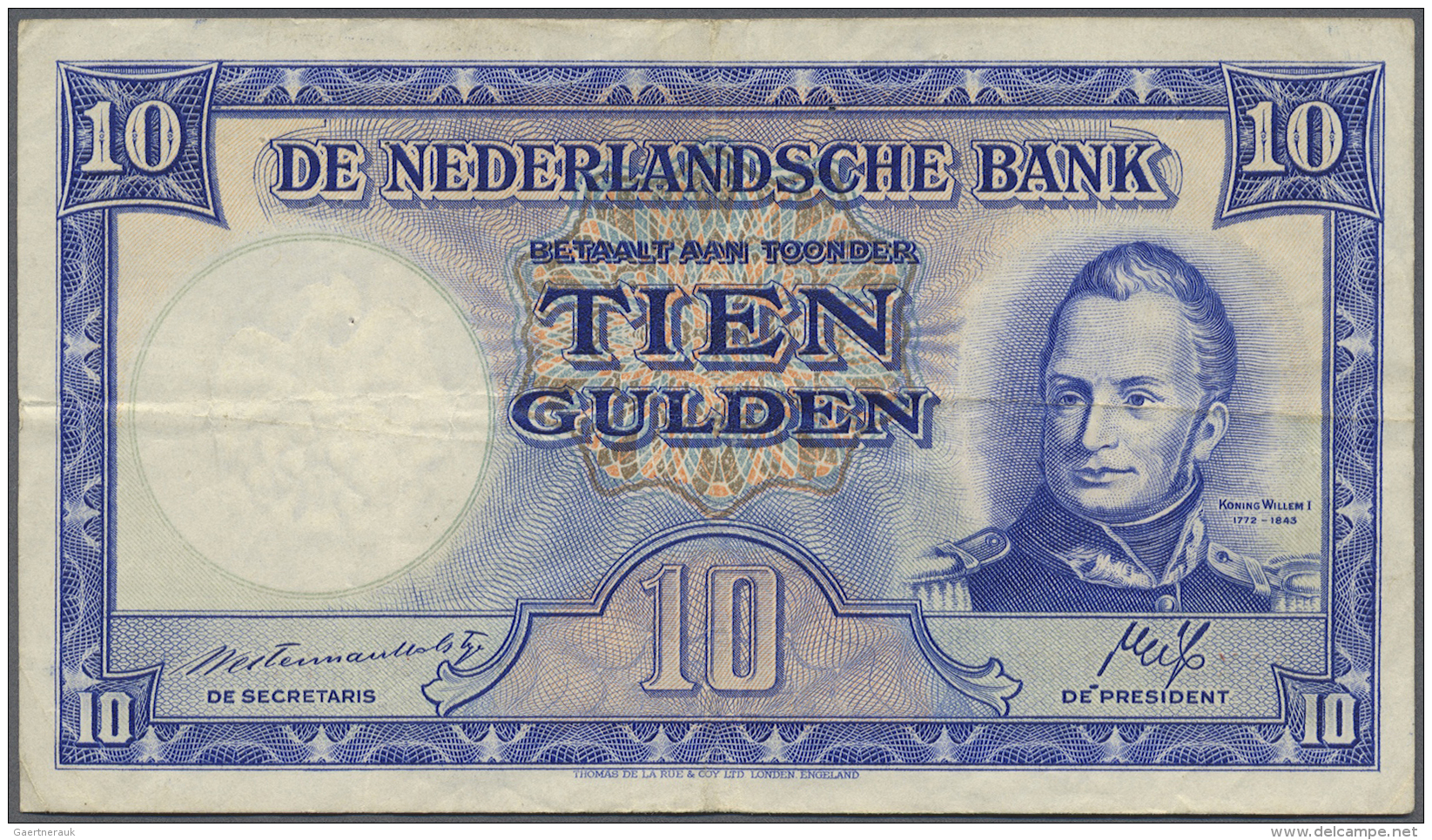 Netherlands / Niederlande: 10 Gulden 1945 P. 75b, Several Folds In Paper, But No Holes Or Tears, Still Crisp And Bright - Autres & Non Classés