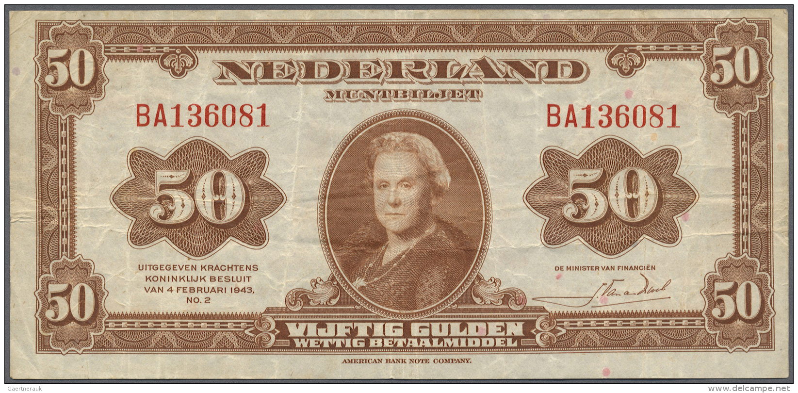 Netherlands / Niederlande: 50 Gulden 1943 P. 68a, Several Folds And Creases In Paper But No Holes Or Tears, Still Strong - Altri & Non Classificati