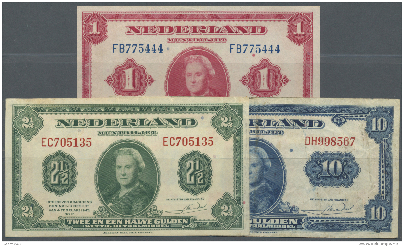 Netherlands / Niederlande: Set Of 3 Different Banknotes Containing 1 Gulden 1943 P. 64a (XF), 2,5 Gulden 1943 P. 65a (VF - Altri & Non Classificati