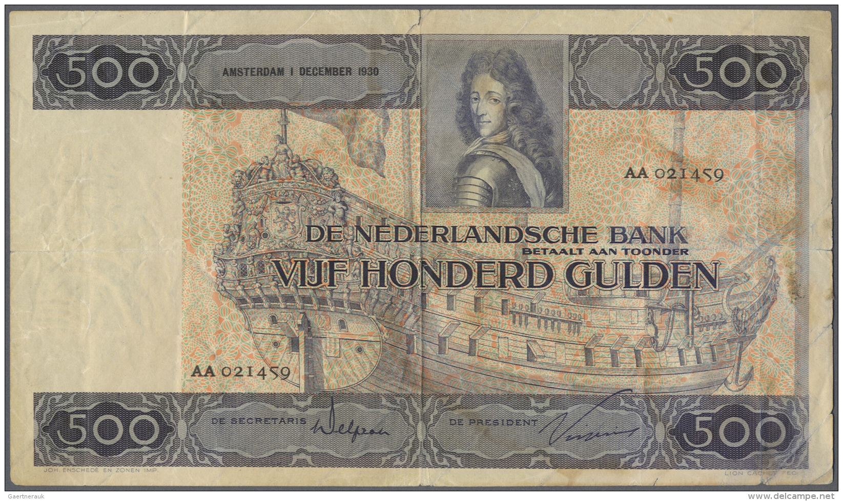 Netherlands / Niederlande: 500 Gulden 1930 P. 52, Stronger Center And Vertical Fold, A 6mm Tear At Top Border And At Rig - Altri & Non Classificati