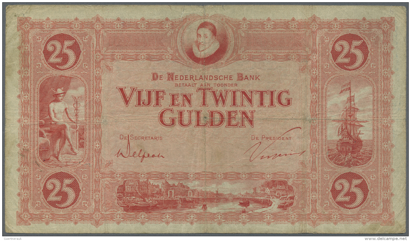 Netherlands / Niederlande: 25 Gulden 1930 P. 46, With Several Folds In Paper, Light Staining At Left Part On Back, 3 Sma - Altri & Non Classificati