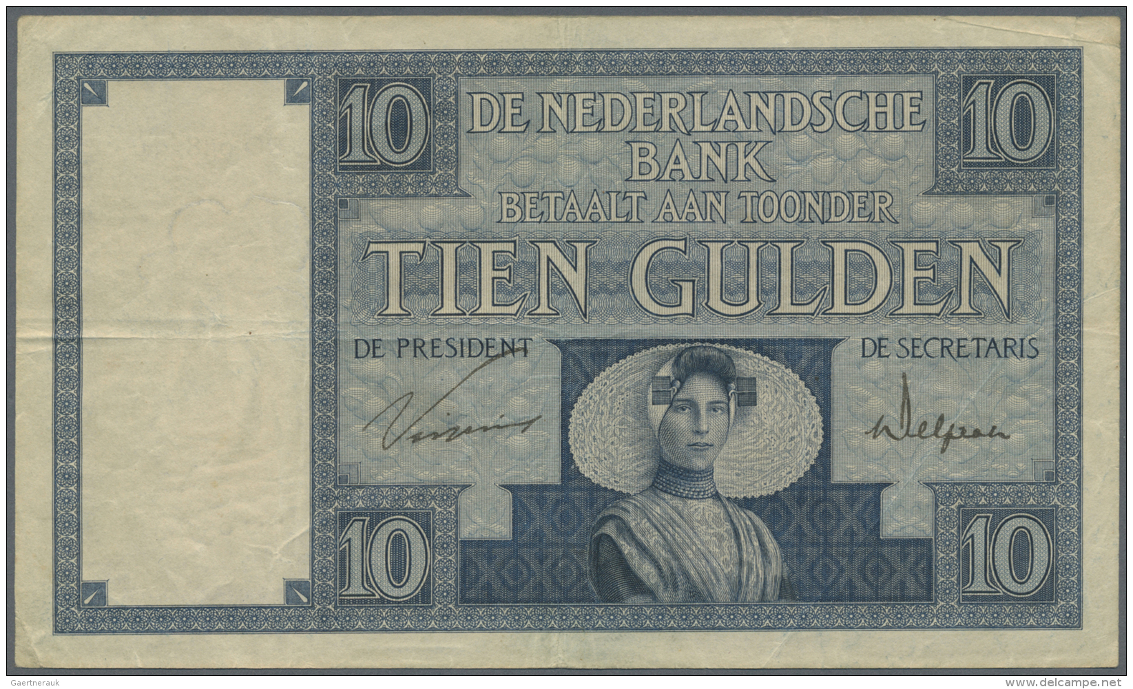 Netherlands / Niederlande: 10 Gulden 1929 P. 43b, One Central And One Vertical Fold, Light Creases And 2 Corner Folds, N - Altri & Non Classificati