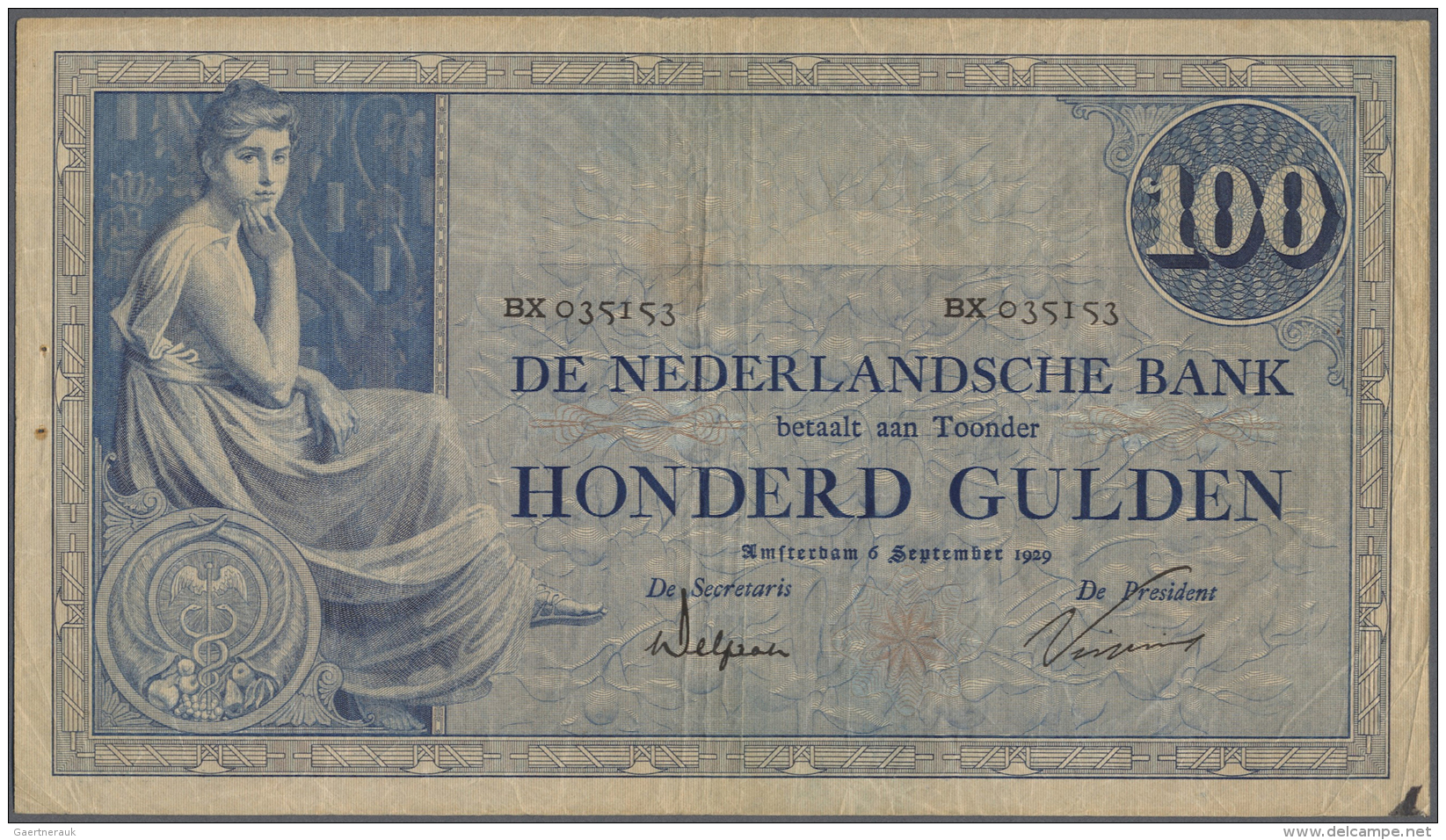 Netherlands / Niederlande: 100 Gulden 1929 P. 39d, Center And Horizontal Folds, 2 Pinholes At Left, Small Ink Stain At L - Autres & Non Classés