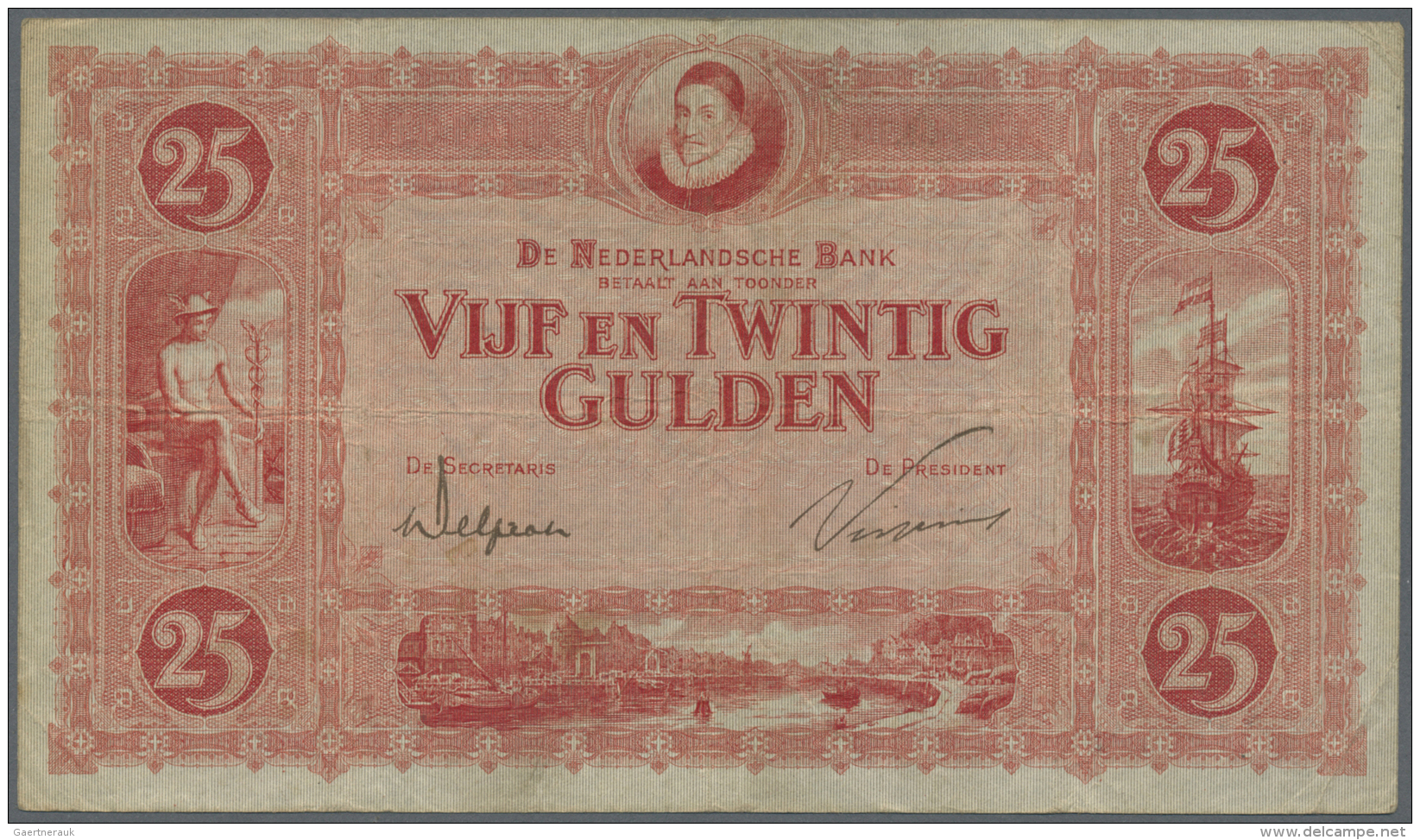 Netherlands / Niederlande: 25 Gulden 1923 P. 36c, 3 Vertical And 1 Horizontal Fold, Creases In Paper But No Holes Or Tea - Altri & Non Classificati