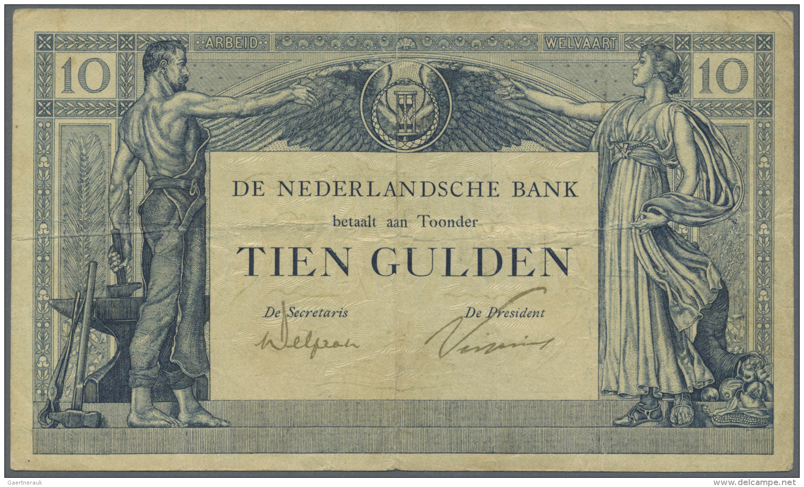 Netherlands / Niederlande: 10 Gulden 1921 P. 35, Center And Horizontal Fold, No Tears, One Very Tiny Pinhole At Lower Le - Other & Unclassified