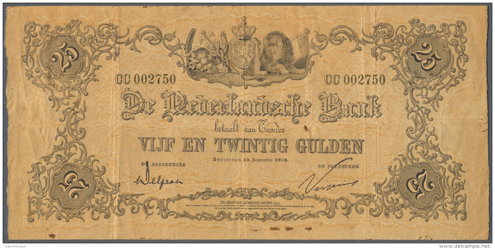 Netherlands / Niederlande: 25 Gulden 1918 P. 21, 3 Vertical And 1 Stronger Horizontal Fold, No Holes Or Tears, Stain Dot - Altri & Non Classificati