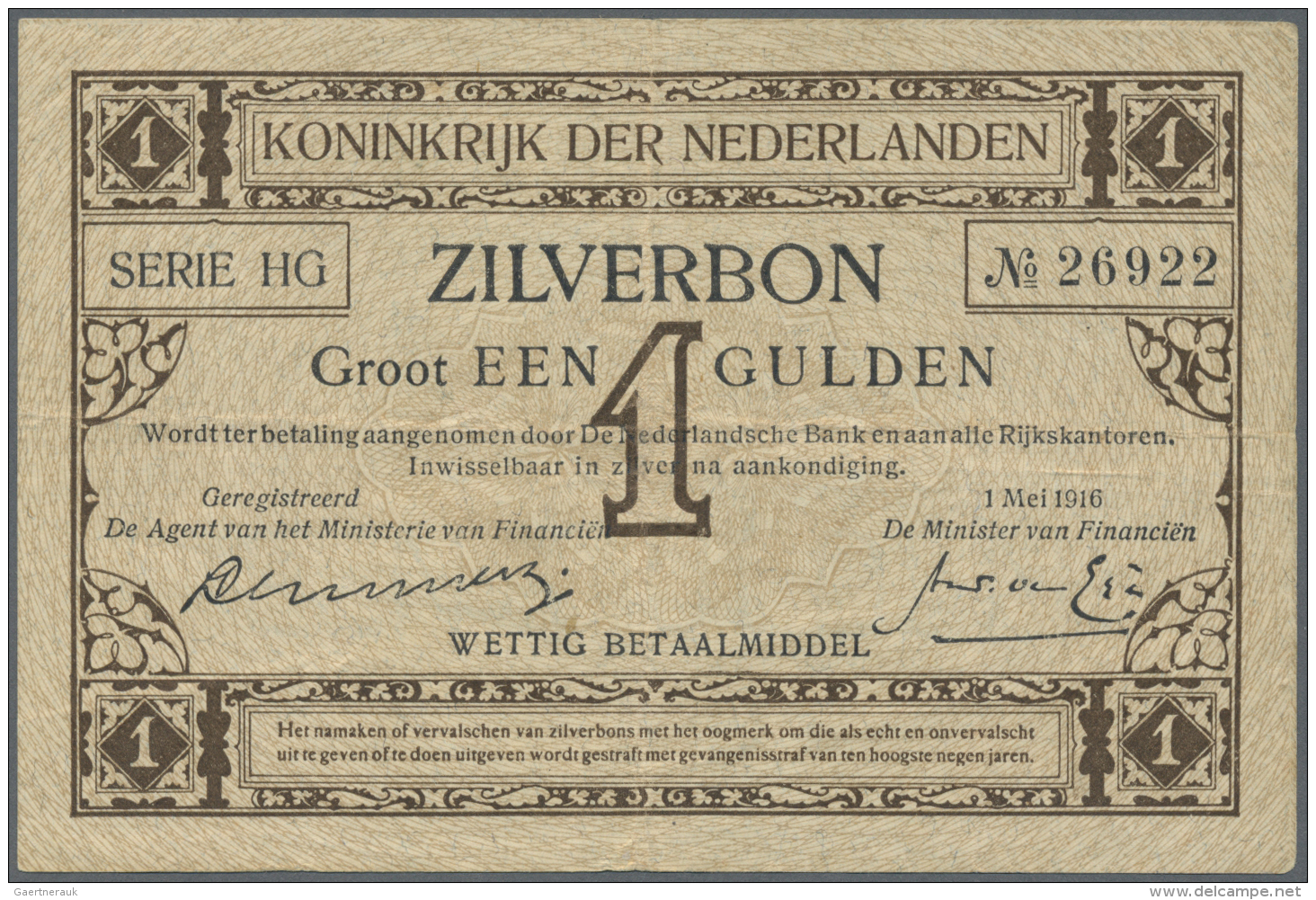 Netherlands / Niederlande: 1 Gulden 1916 P. 8, Center And Horizontal Fold, Some Light Creases, No Holes Or Tears, Strong - Autres & Non Classés