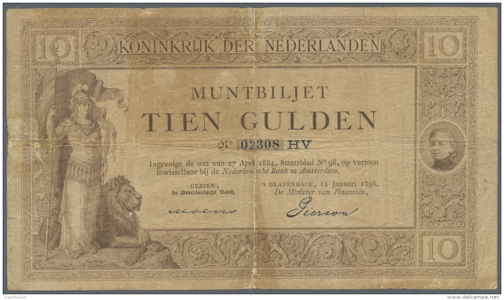 Netherlands / Niederlande: 10 Gulden 1898 P. 2, Very Rare, Used With Staining In Paper, Strong Center Fold, Light Thinni - Autres & Non Classés