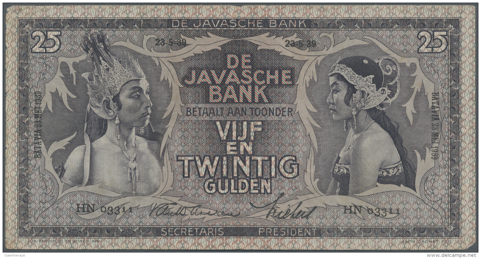 Netherlands Indies / Niederl&auml;ndisch Indien: 25 Gulden 1939, P.79c, Nice Looking Note With Several Folds, Tiny Missi - Indes Néerlandaises