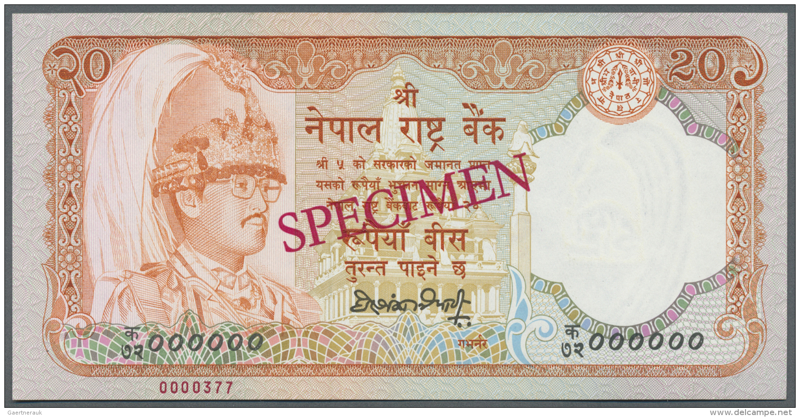 Nepal: 20 Rupees ND Specimen P. 38s With Zero Serial Numbers, Red Specimen Overprint, In Condition: UNC. - Népal