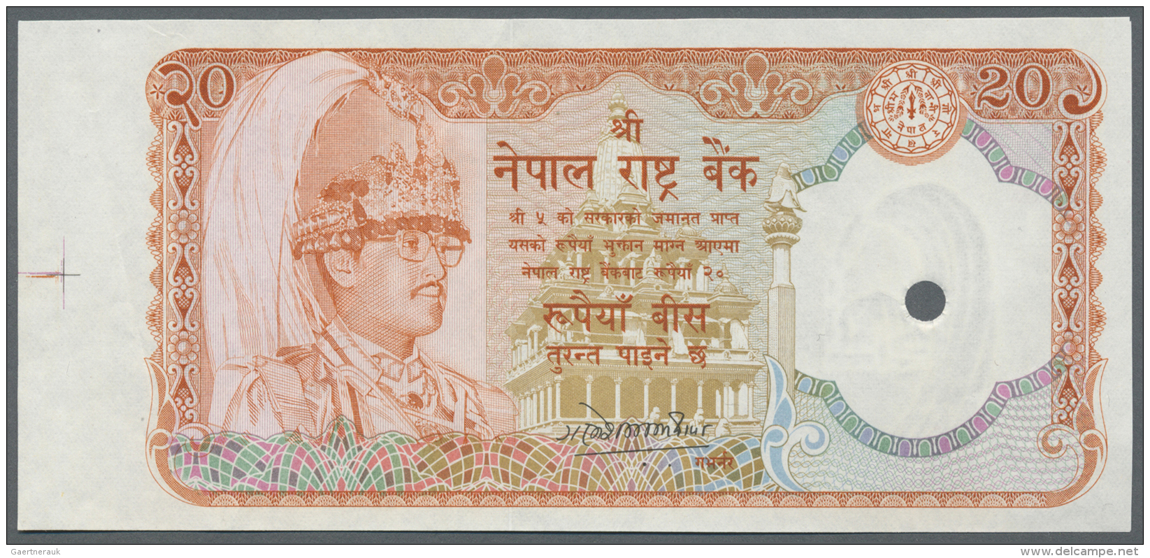 Nepal: 20 Rupees ND PROOF Print P. 32ap With Cancellation Hole And 2 Light Vertical Folds, Condition: VF+ To XF-. - Népal