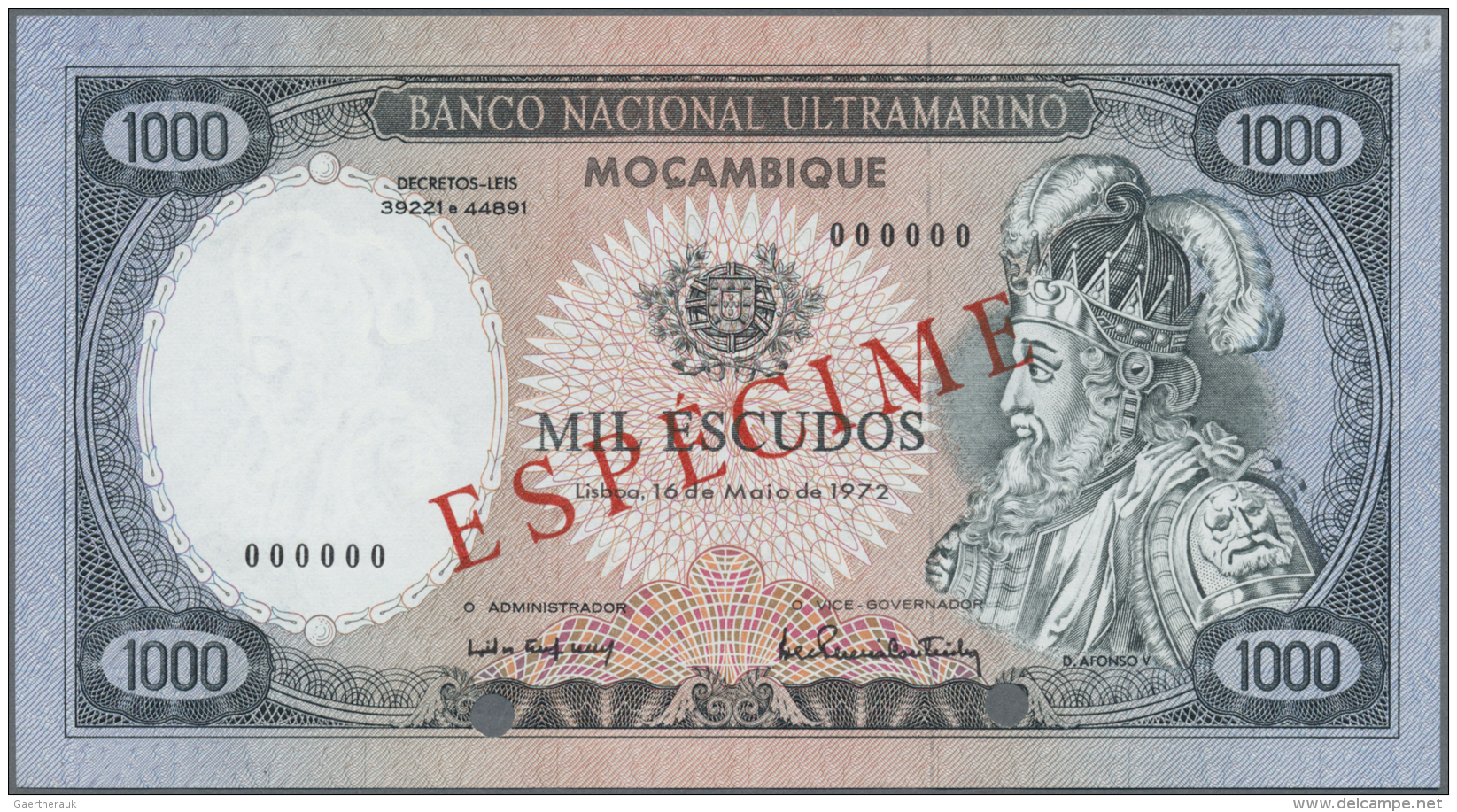 Mozambique: 1000 Escudos Banco Nacional Ultramarino 1972 SPECIMEN, P.112s In Perfect UNC Condition - Mozambique