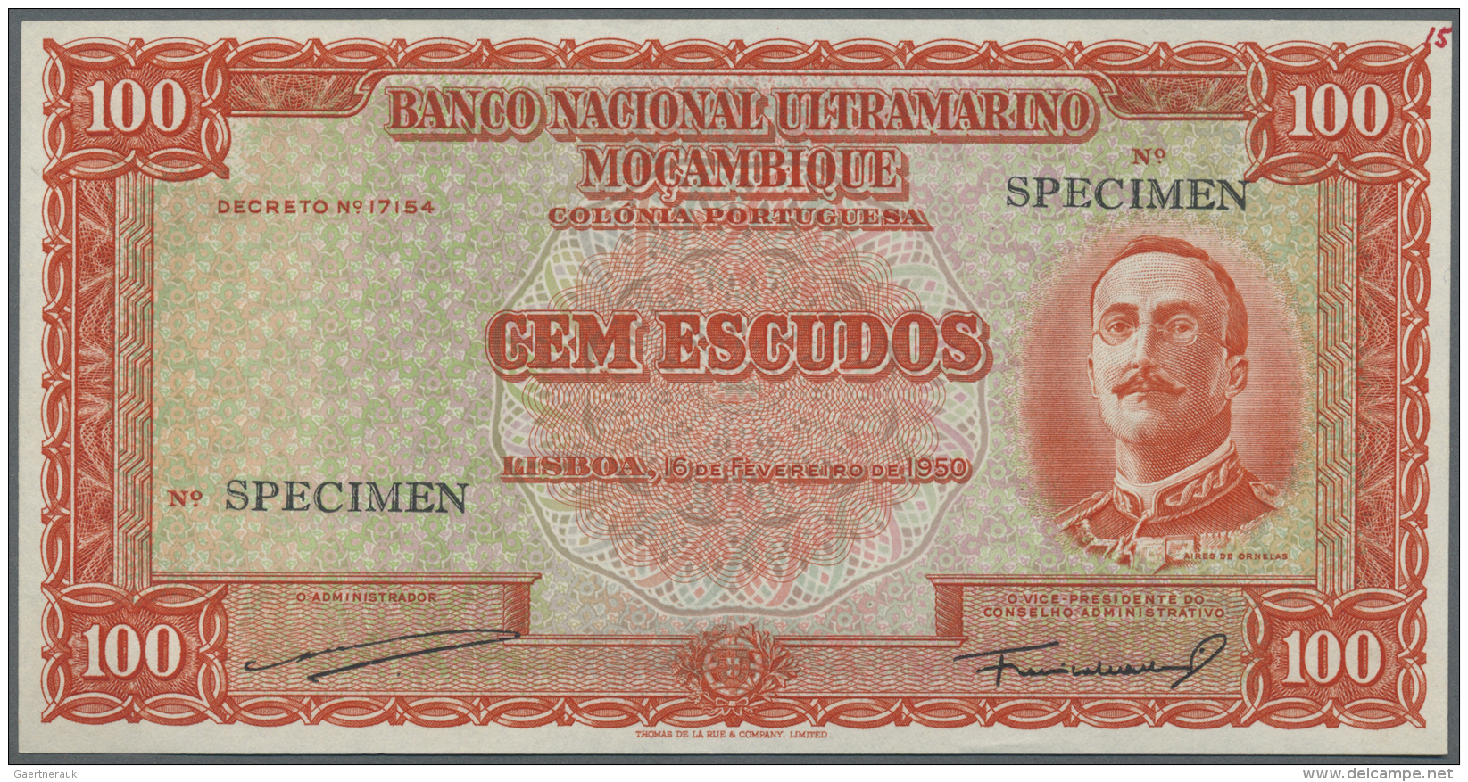 Mozambique: 100 Escudos 1950 Specimen P. 103s, W/o Serial Number, With Specimen Overprint, Only A Light Paper Clip Dint - Mozambique