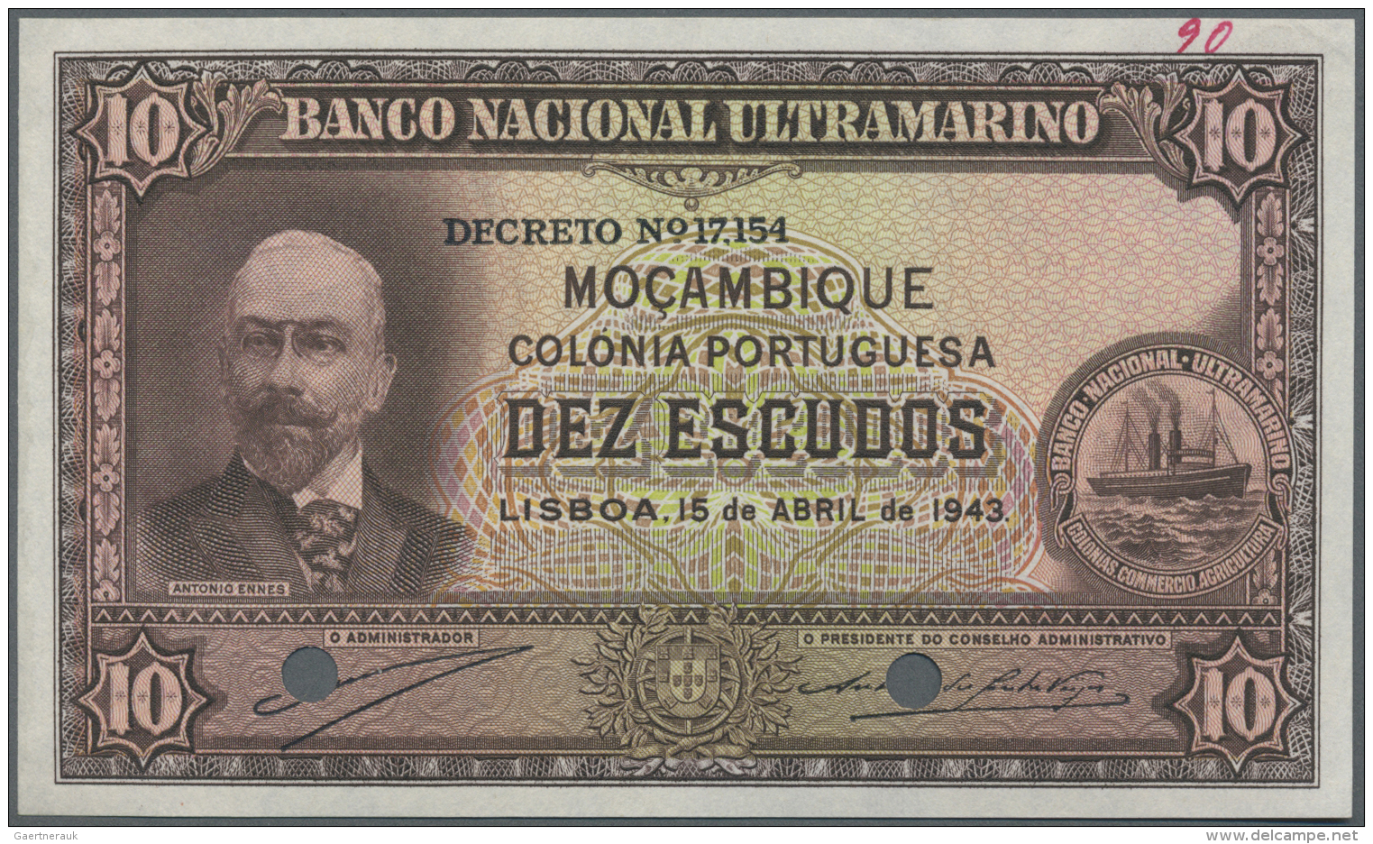 Mozambique: 10 Escudos 1943 Specimen P. 90s, 2 Cancellation Holes, No Serial Numbers, Handwritten Specimen Number At Upp - Mozambique