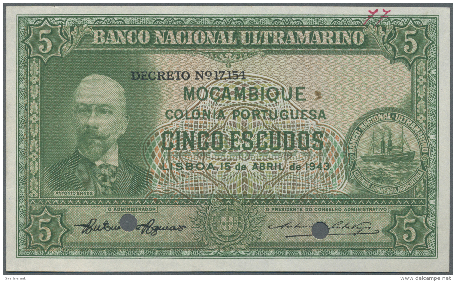 Mozambique: 5 Escudos 1943 Specimen P. 90s, 2 Cancellation Holes, No Serial Numbers, Handwritten Specimen Number At Uppe - Mozambico