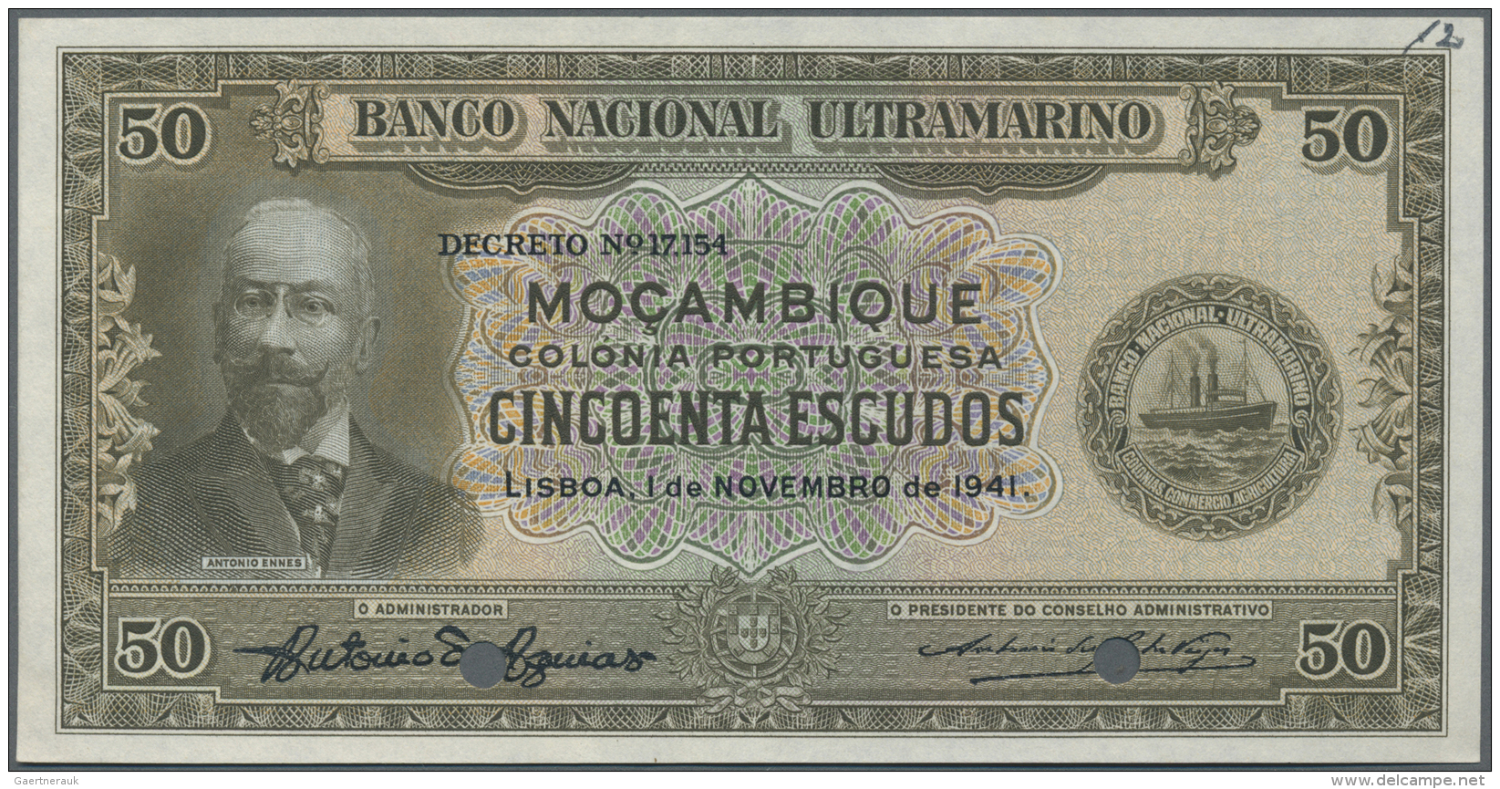 Mozambique: 50 Escudos 1941 Specimen P. 86s, 2 Cancellation Holes, W/o Serial Numbers, Condition: UNC. - Mozambique