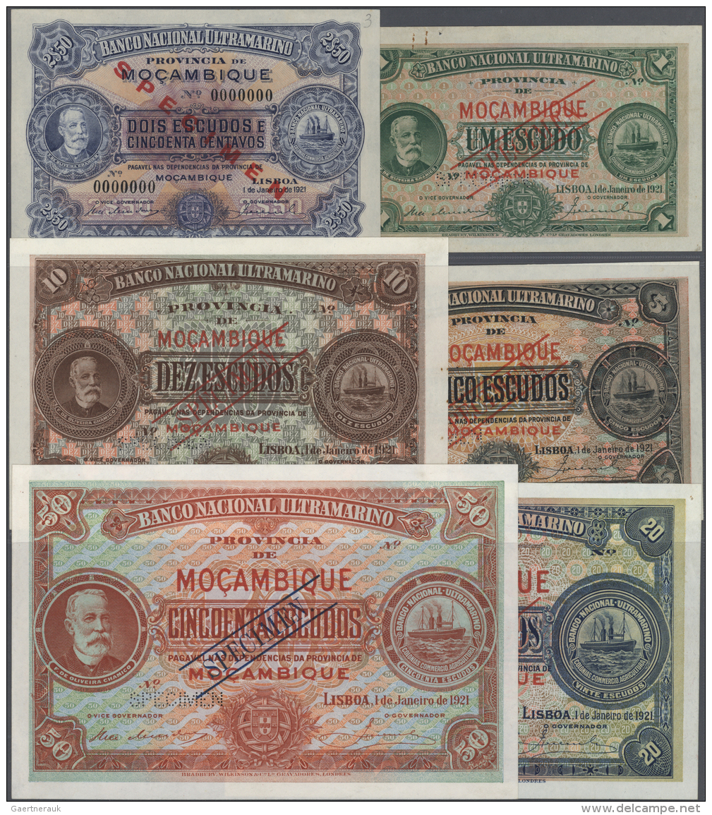 Mozambique: Set With 6 Banknotes 1, 2 1/2, 5, 10, 20 And 50 Escudos 1921 SPECIMEN, P.66s-71s, With Rusty Pinholes And St - Mozambique