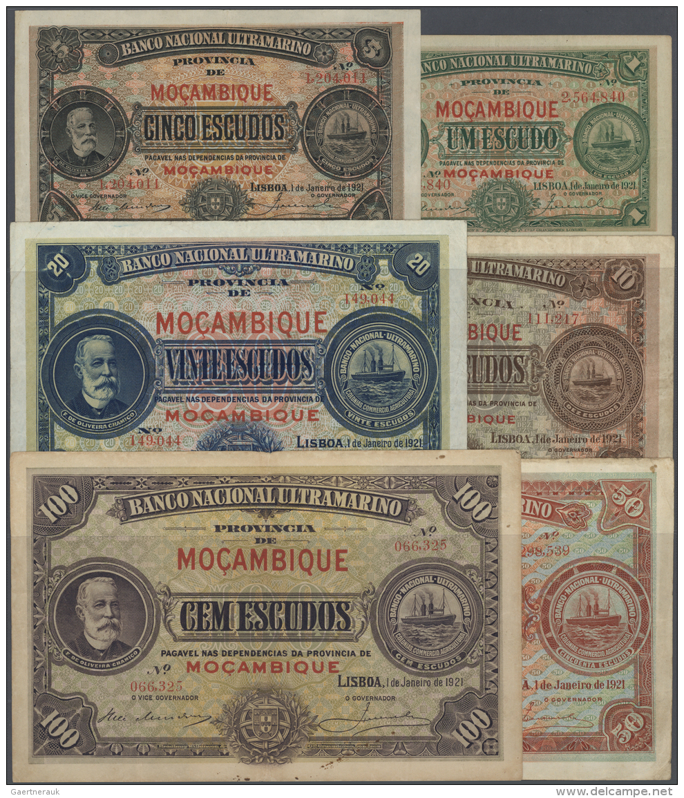 Mozambique: Set With 6 Banknotes 1, 5, 10, 20, 50 And 100 Escudos 1921, P.66, 68-72, Very Rare Set Of The Early Banknote - Mozambique