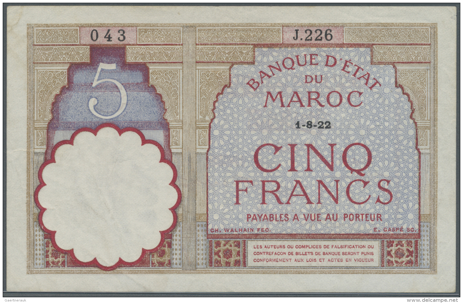 Morocco / Marokko: 5 Francs 1922 P. 23Aa, Light Handling And Light Folds In Paper, No Holes Or Tears, Still Nice Colors - Marocco