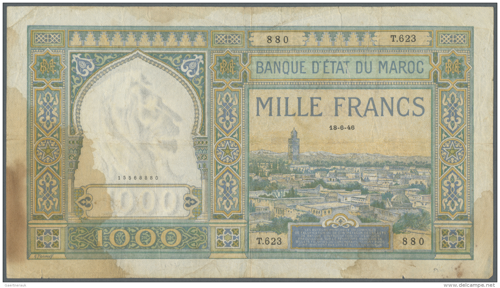 Morocco / Marokko: Set Of 2 Notes 1000 Francs 1946 &amp; 1949 P. 16c, Both Soiled At Lower Left, Folds, Stains, Minor Bo - Maroc