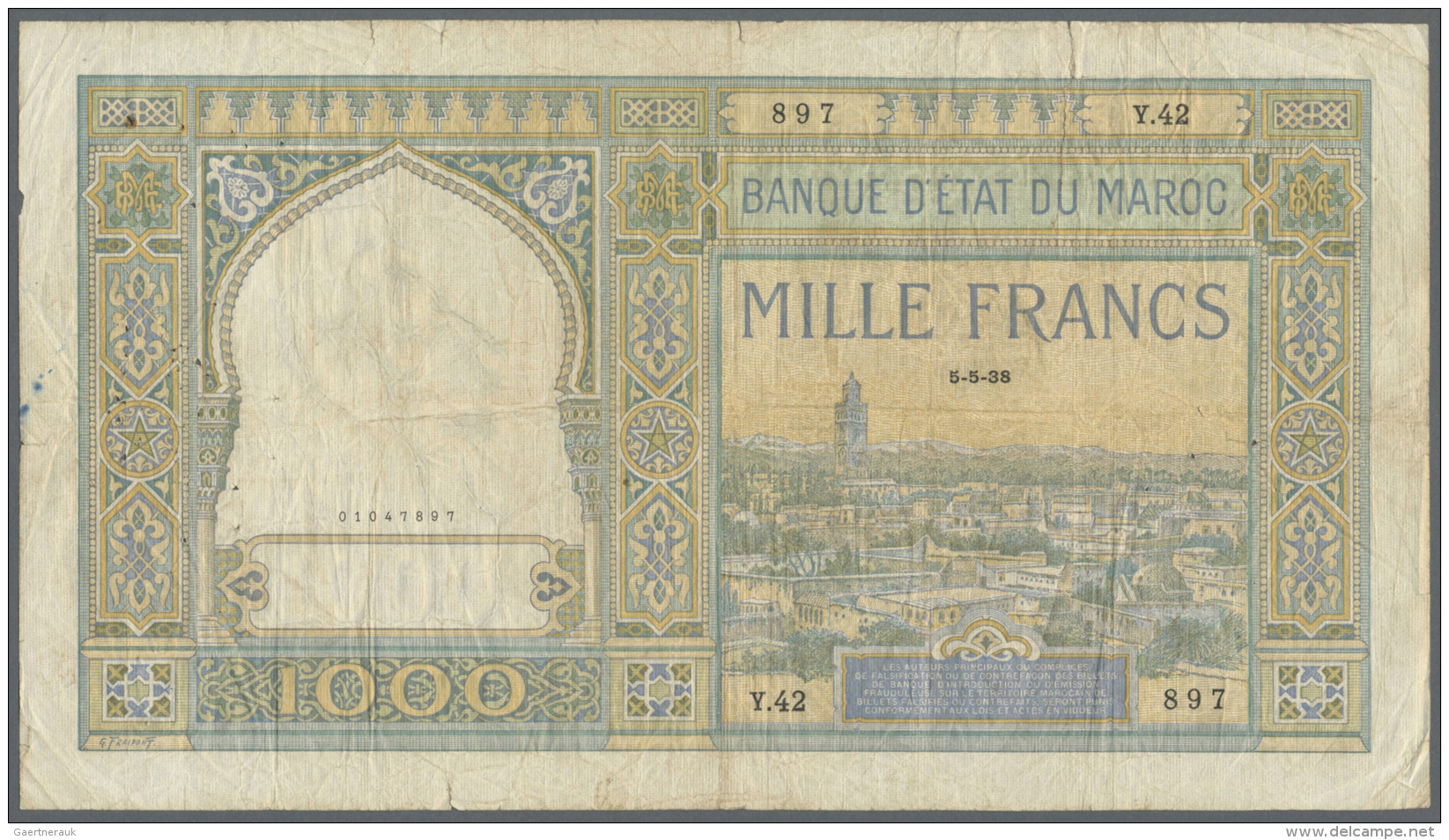 Morocco / Marokko: 1000 Francs 1938, P.16c In Well Worn Condition With A Number Of Tears Along The Borders, Several Pinh - Maroc