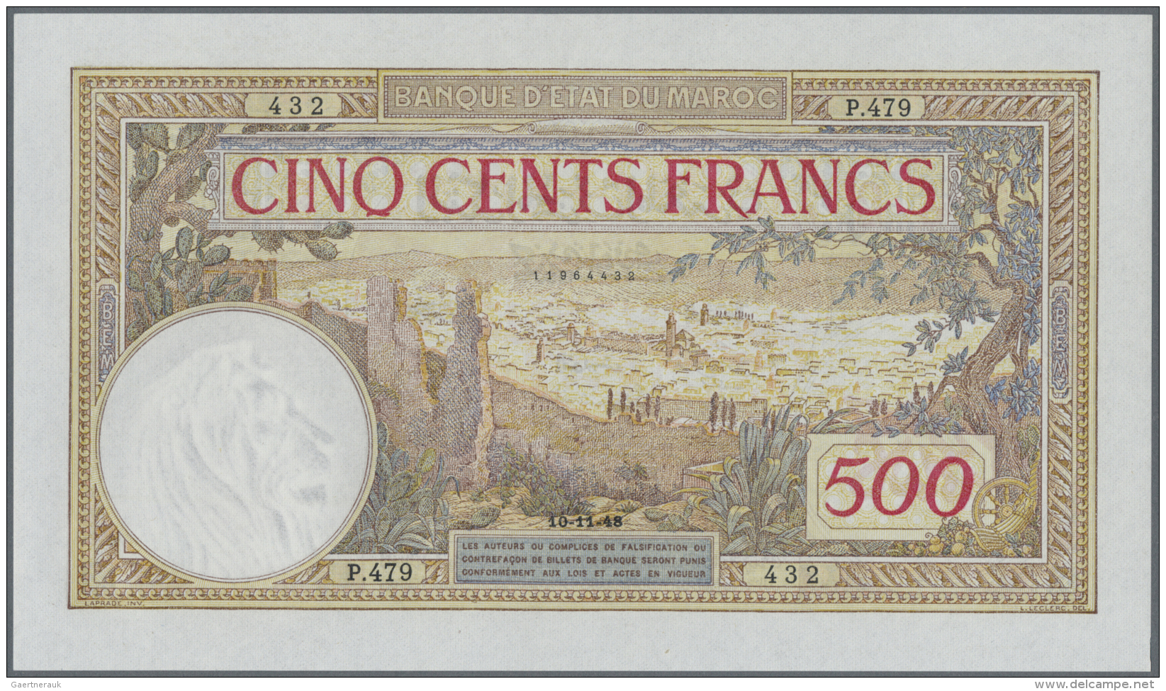 Morocco / Marokko: 500 Francs Banque D'Etat Du Maroc 1948, P.15b In Perfect UNC Condition - Maroc