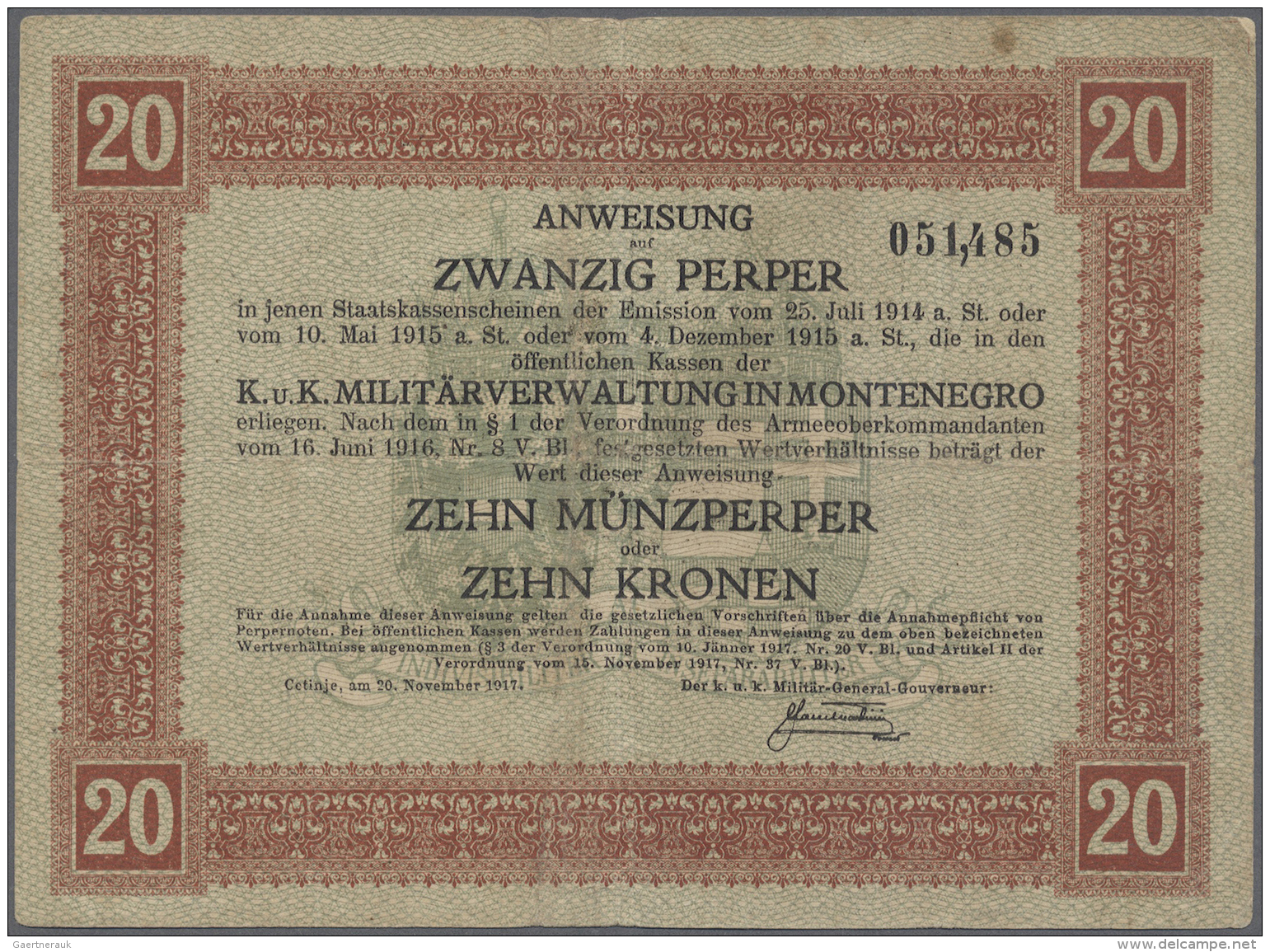 Montenegro: 20 Perper 1917 P. M152, Used With Several Folds, A Bit Stonger Center Fold, Stain Dot At Upper Right, Center - Autres - Europe
