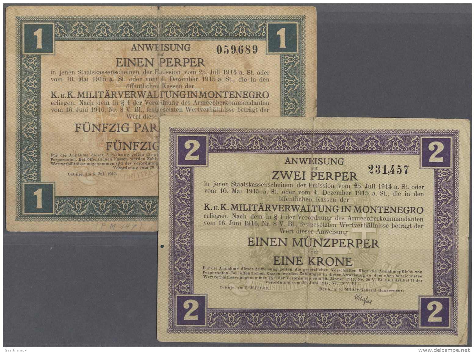 Montenegro: Set Of 2 Notes Containing 1 And 2 Perper 1917 P. M148, M 149, Both Notes With Stronger Vertical And Horizont - Autres - Europe