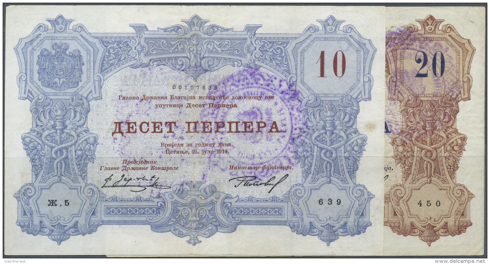 Montenegro: Set Of 2 Notes Containing 10 Perper ND(1916) P. M18 (F+) And 20 Perper ND(1916) P. M22 (F+), Nice Set. (2 Pc - Autres - Europe