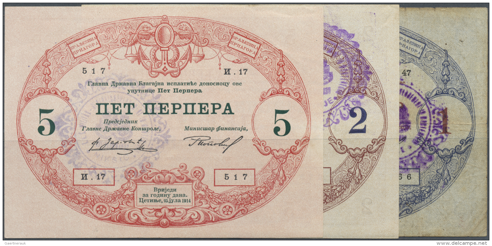 Montenegro: Set Of 3 Notes Containing 1 Perper ND(1916) P. M78 (F-), 2 Perper ND(1916) P. M19 (VF-) And 5 Perper ND(1916 - Autres - Europe