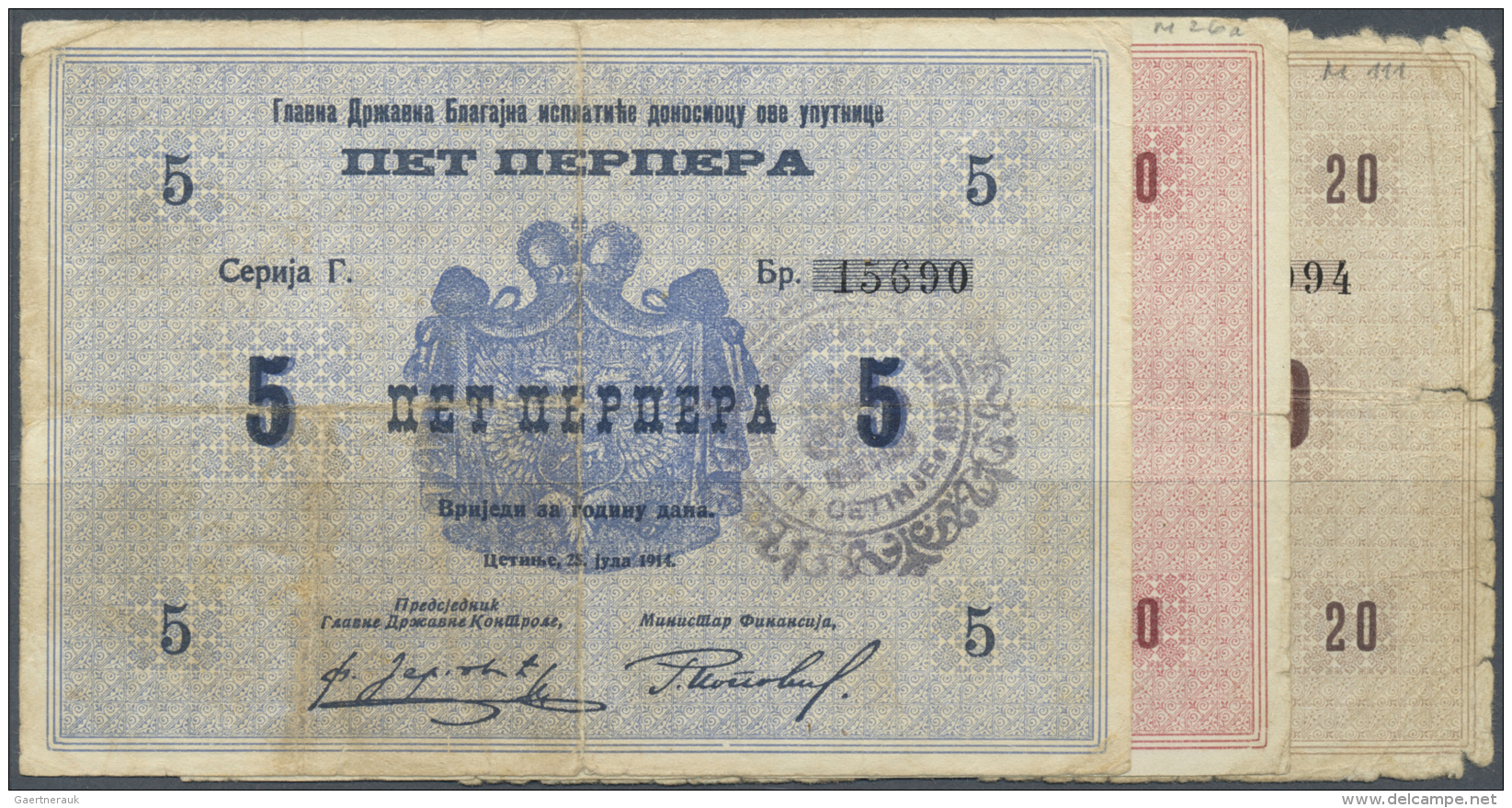 Montenegro: Set Of 3 Notes Containing 5 Perper ND(1916) P. M13 (F-), 10 Perper ND(1916) P. M26 (F-) And 20 Perper ND(191 - Autres - Europe