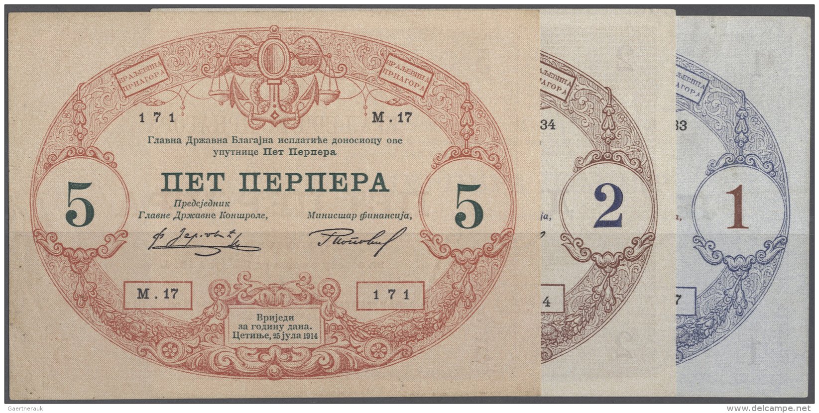 Montenegro: Set Of 3 Notes Containing 1, 2, 5 Perper 1914 P. 15-17, The 1 Perper Is VF, The 5 Perper XF+, The 2 Perper I - Autres - Europe